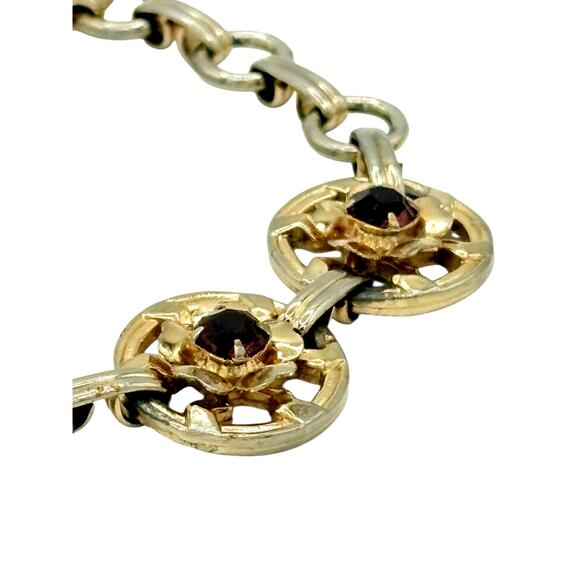 Vintage 1930s Floral Link Bracelet * Gold w Purple Stones • Art Deco Jewelry - Picture 5 of 7